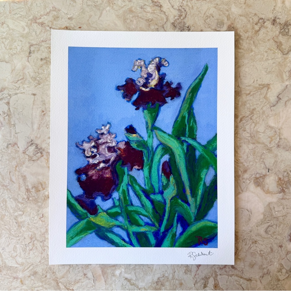 Floral Art Print with Blue and Green Accents, Hand signed by artist Rhiannon